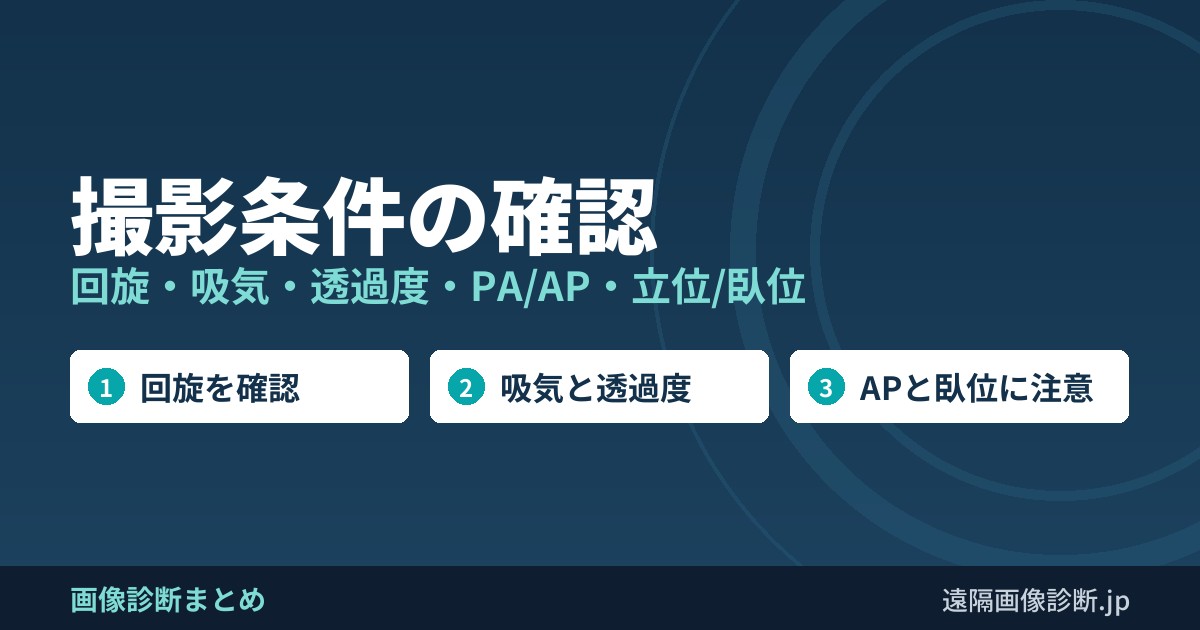 撮影条件の確認 回旋・吸気・透過度・PA/AP・立位/臥位
