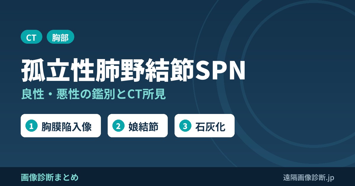 孤立性肺野結節(SPN)の良性・悪性の鑑別｜胸膜陥入像・娘結節・石灰化とCT画像所見(LK疑い)
