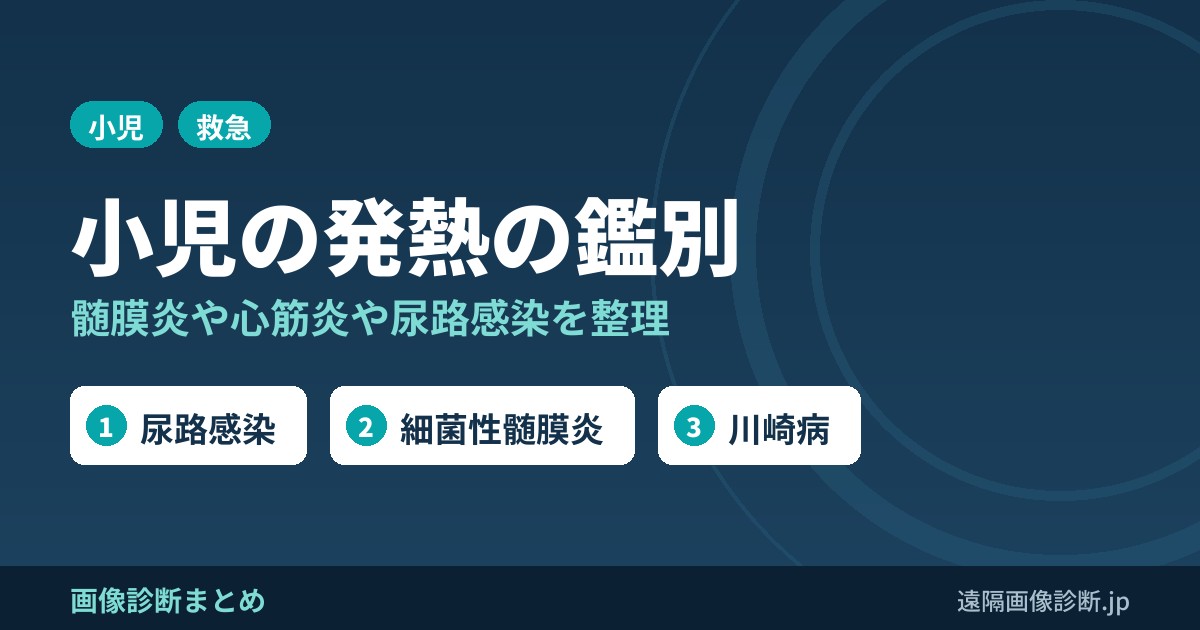 小児の発熱の鑑別診断（髄膜炎、心筋炎、尿路感染、肺炎）